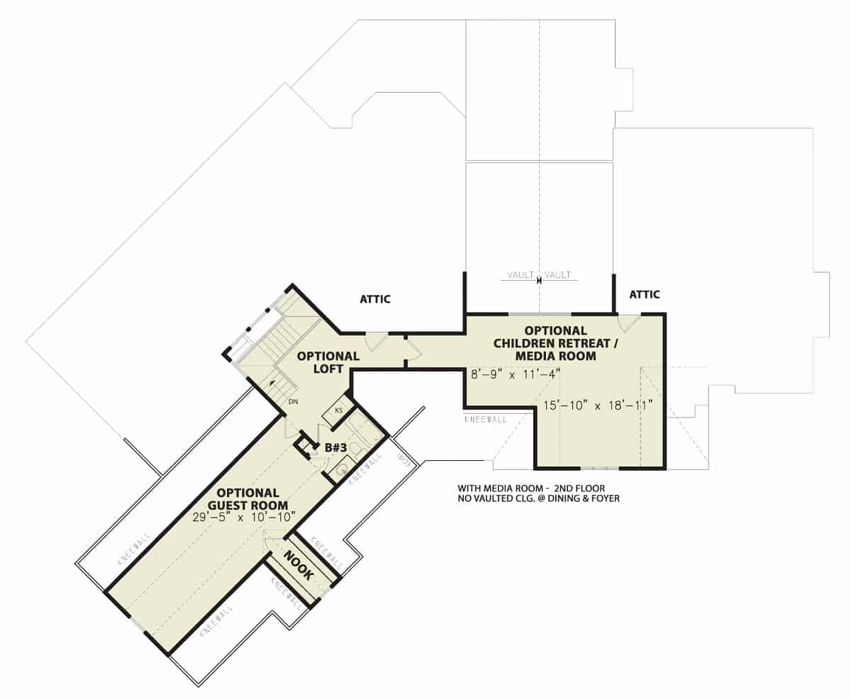 Second level floor plan with a guest room, a loft, and a children retreat/media room.