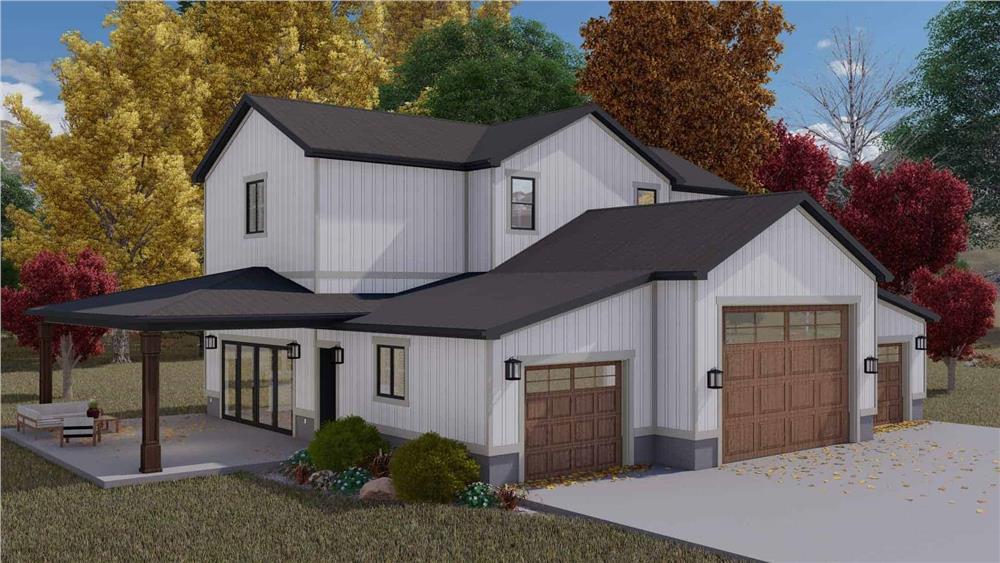 Front-left rendering with large wooden garage doors and a covered porch.