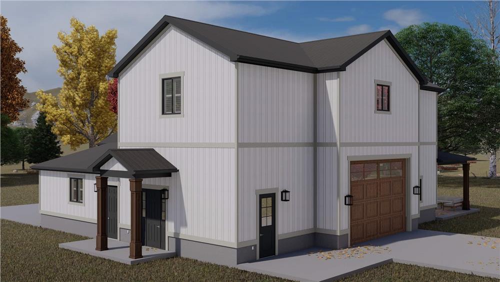 Rear-right rendering showcasing the side entrance and drive-through garage.