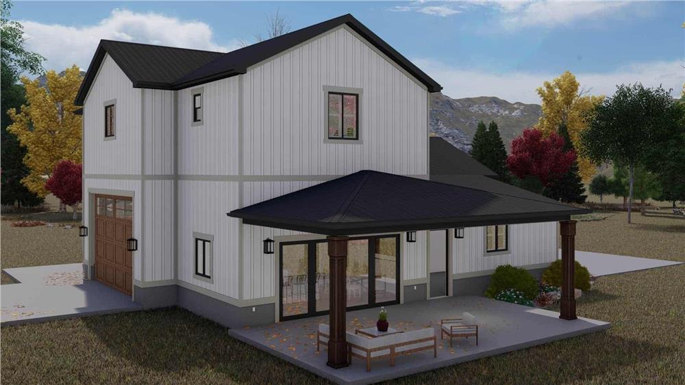 The covered porch has wooden pillars, cushioned seats, and sliding glass doors that open into the kitchen.
