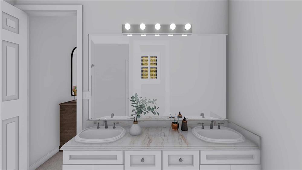 Primary vanity with two sinks, a marble countertop, and a rectangular mirror.
