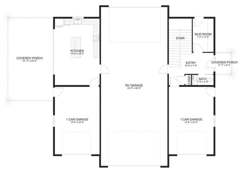 Main level floor plan of a two-story barn-style 2-bedroom carriage home with a foyer, kitchen, mudroom, and 6-car garage.