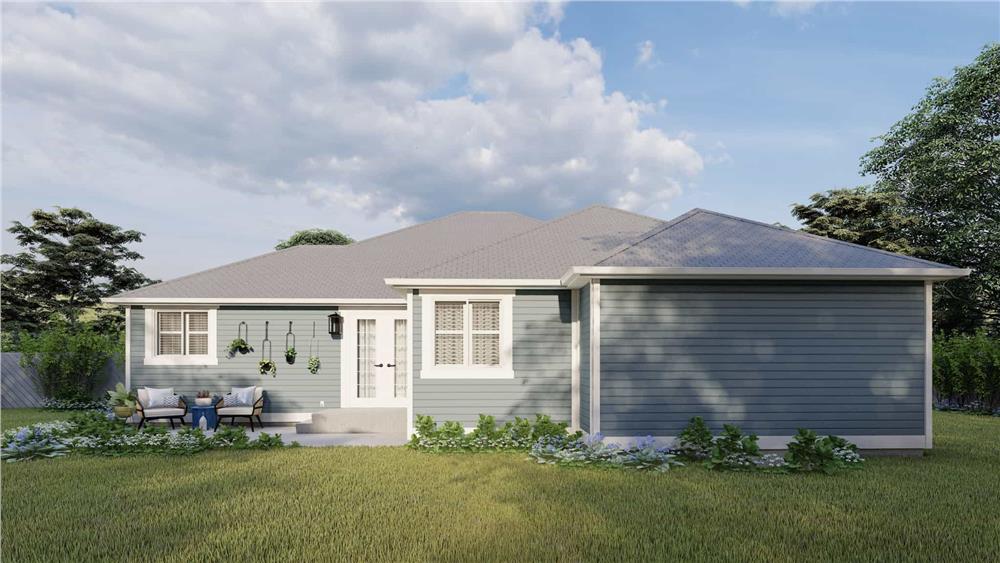 Rear rendering with hipped rooflines and an open patio.