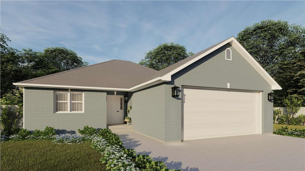 Front-left rendering showcasing the double garage and the covered entry.