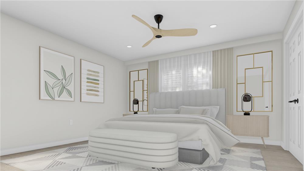 The primary bedroom is decorated with framed artworks and decorative mirrors fixed above the light wood nightstands.