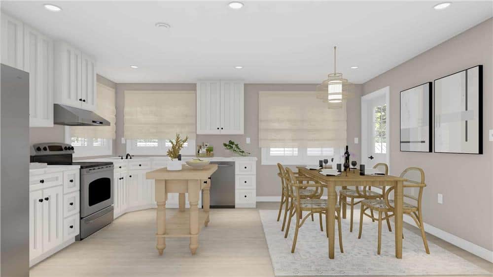 The combined kitchen and dining room includes outdoor access through a glazed door.