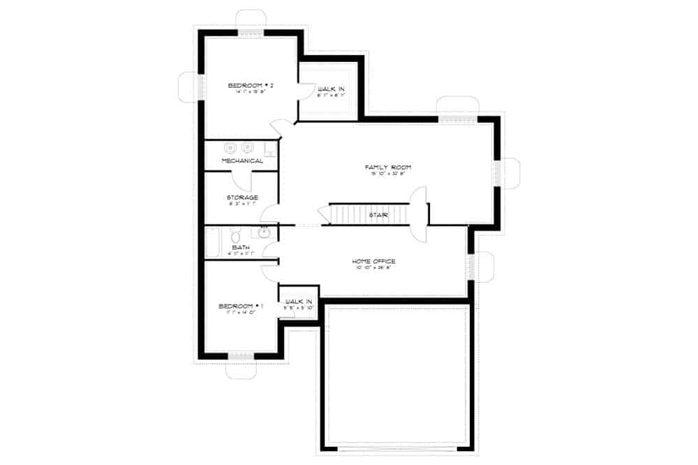 Lower level floor plan with two bedrooms, a second family room, a home office, and additional storage space.