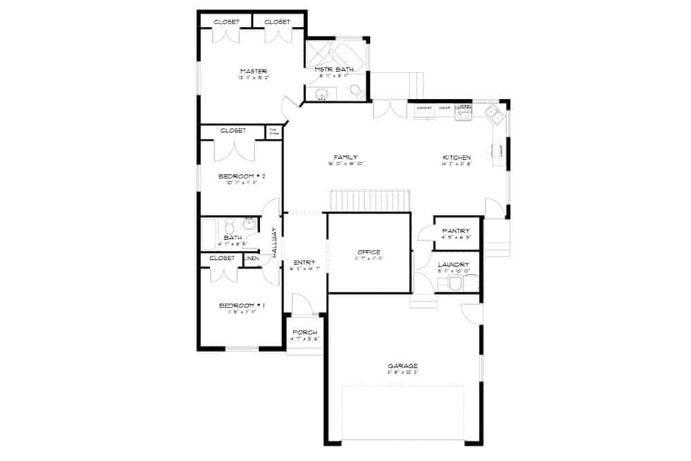 Main level floor plan of a 5-bedroom single-story contemporary ranch with a foyer, home office, family room, kitchen, three bedrooms, laundry room, and a double garage.