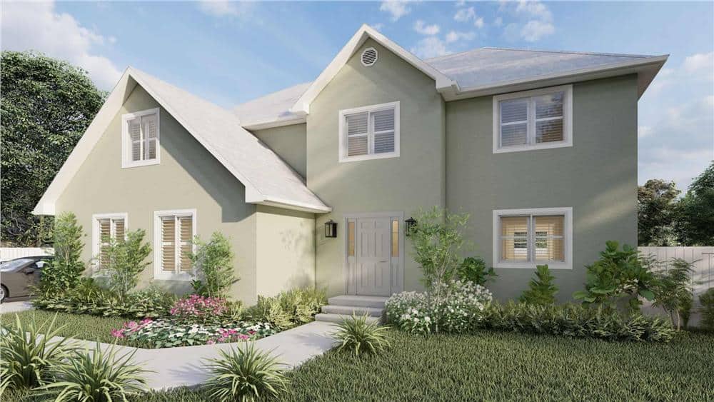 Front rendering with a stucco exterior, gable rooflines, and white-framed windows.