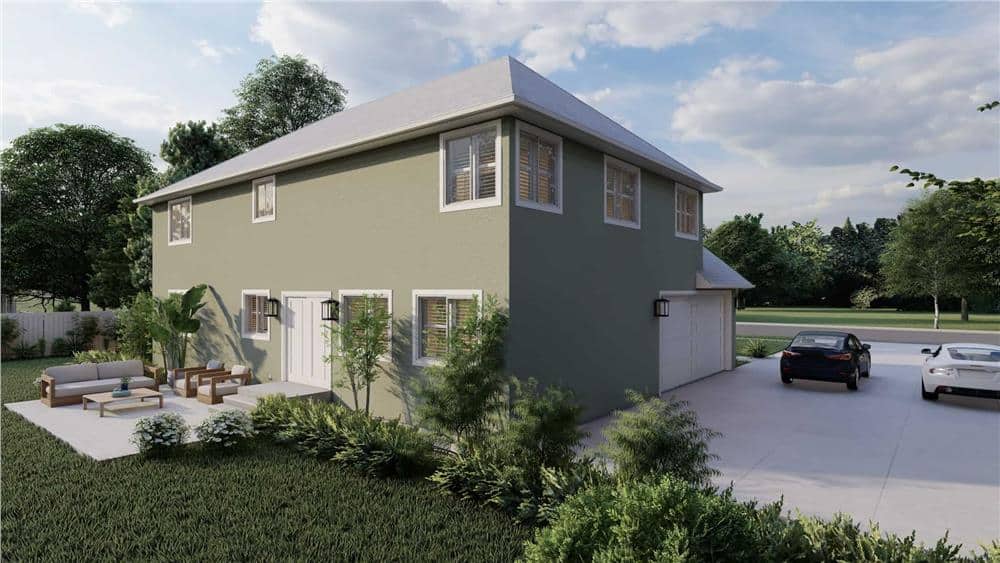 Rear-left rendering with a side-entry garage and a concrete driveway.