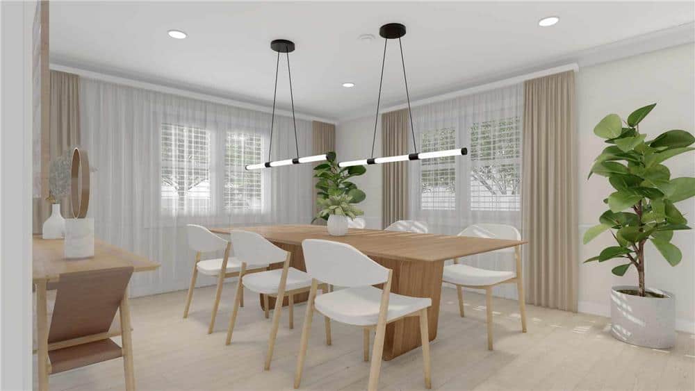 The dining room offers a wooden dining set that seamlessly blends with the hardwood flooring.