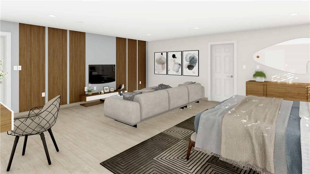 The sitting area includes a wall-mounted TV highlighted by decorative wood panels.