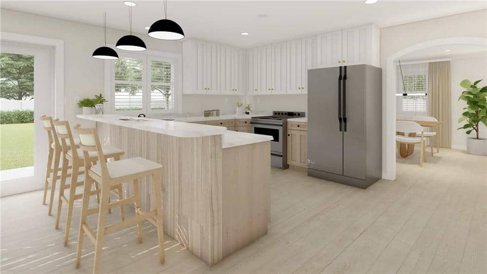 An archway provides the kitchen with a shortcut to the dining room.