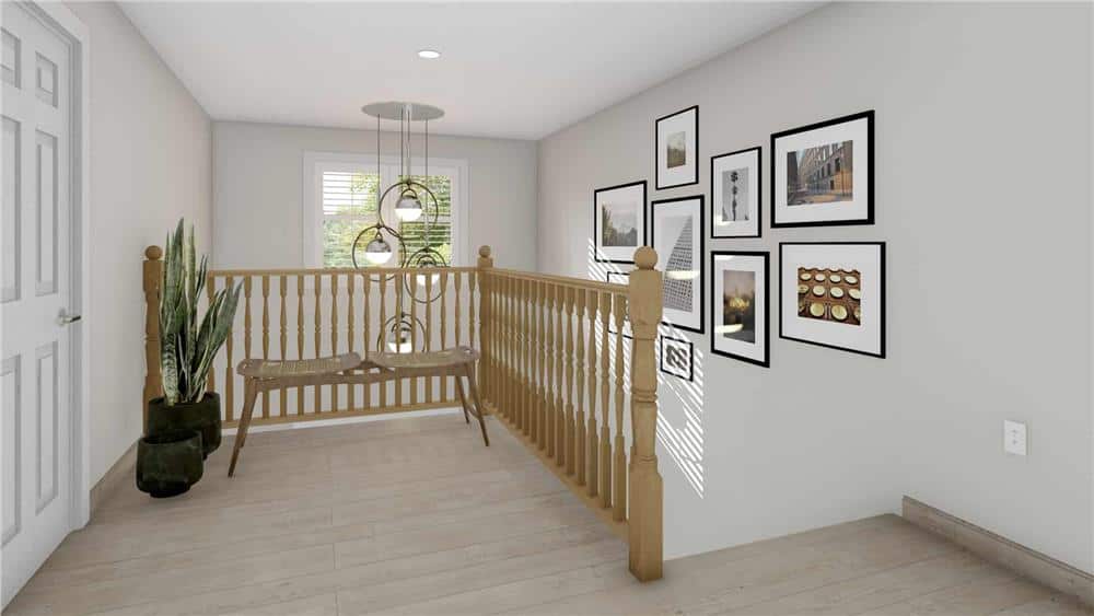 Second-level loft with a bench and wooden railings.