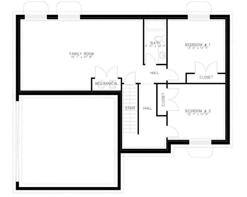 Lower level floor plan with two more bedrooms and a family room.