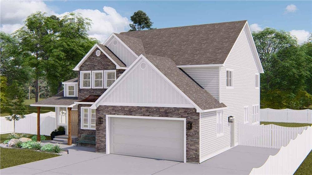 Front-right rendering showcasing the double garage and concrete driveway.