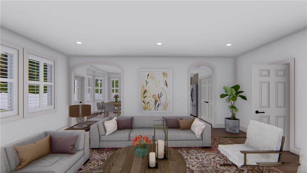Open archways connect the family room with the dining area and kitchen.
