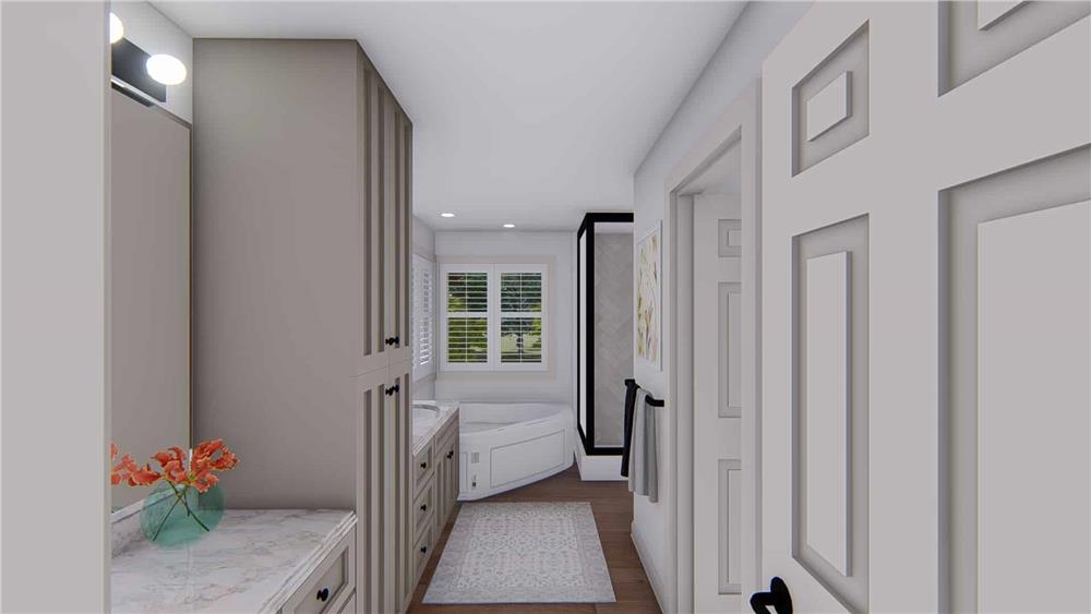 The primary bathroom has a corner tub, a walk-in shower, and a dual sink vanity integrated with a linen closet.