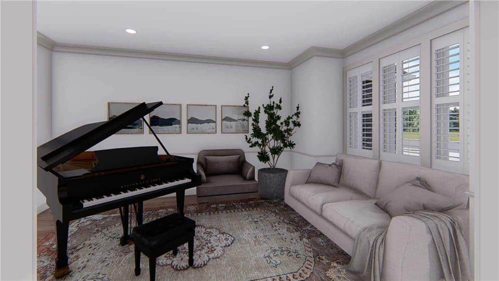 Den with a sectional sofa, a baby grand piano, and louvered windows overlooking the front yard.
