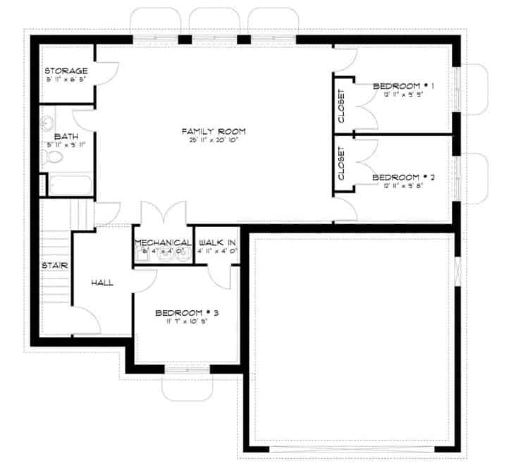 Lower level floor plan with three more bedrooms, a shared bathroom, a second family room, and dedicated storage.