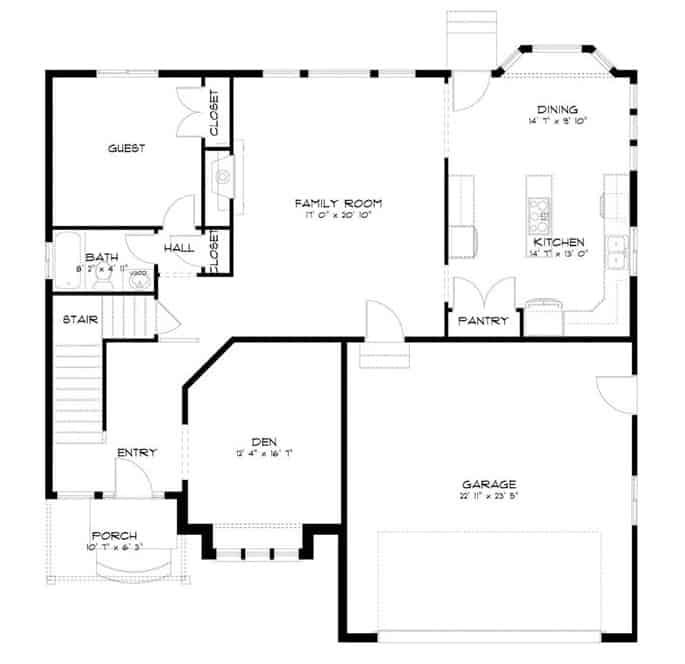 Main level floor plan of a two-story contemporary style 8-bedroom home with a foyer, family room, kitchen, dining area, guest room, den, and double garage.