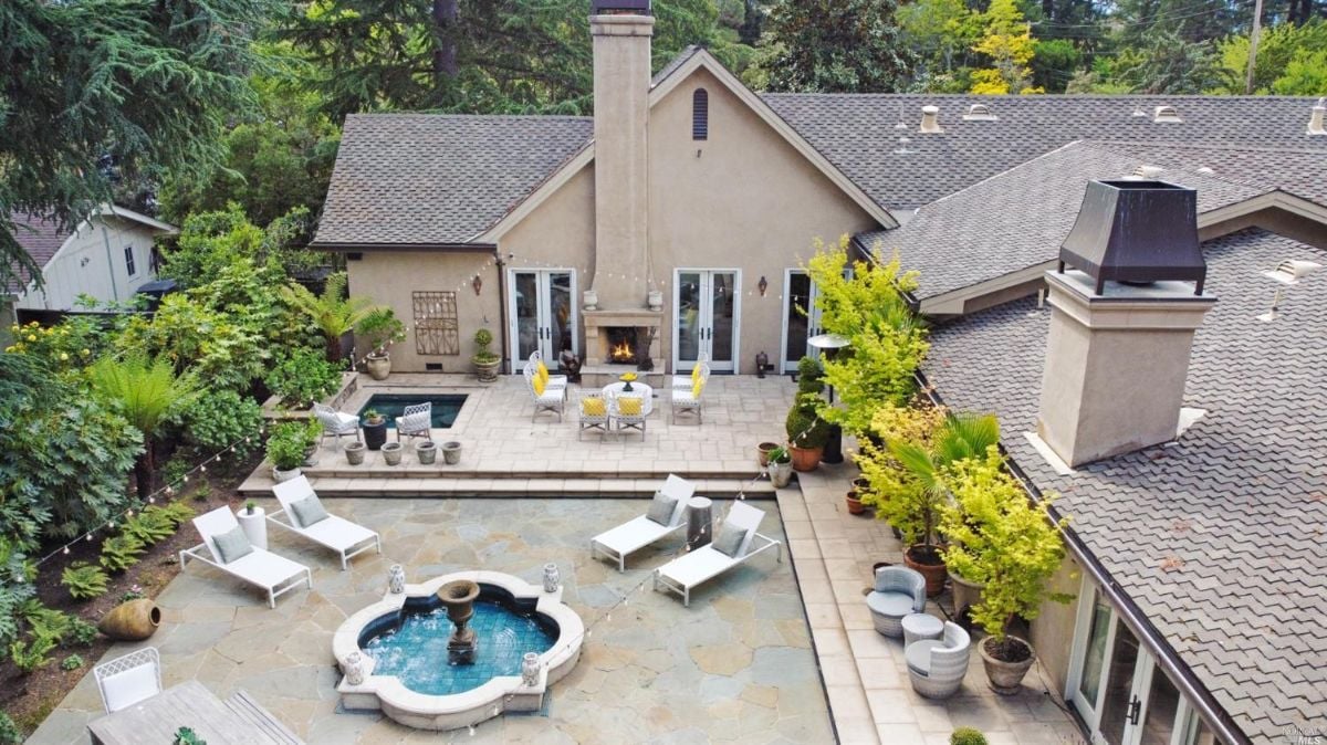 Aerial rear view of 1571 Silver Trail Mansion in Napa, CA.