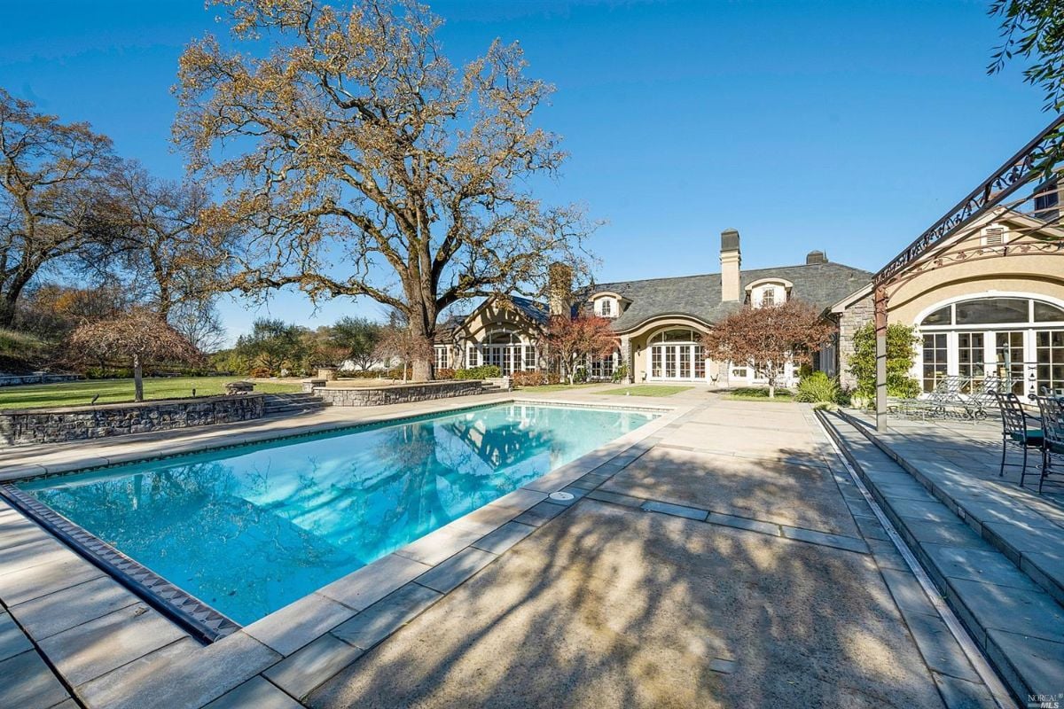 Pool with a patio and a large tree.