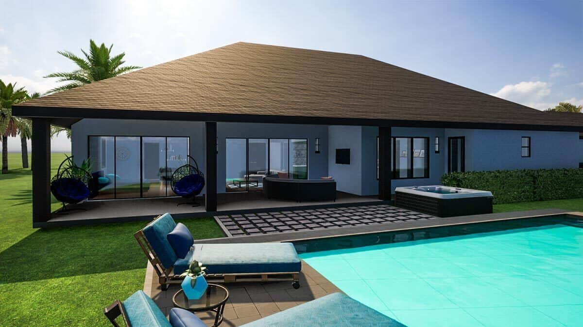 Rear rendering with a covered lanai and a swimming poll surrounded by a lush lawn.