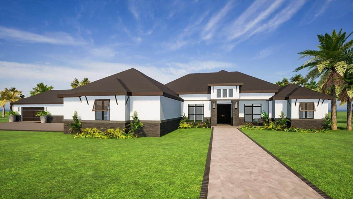 Front rendering with hipped rooflines, stone accents, and a covered entry topped with a large dormer window.