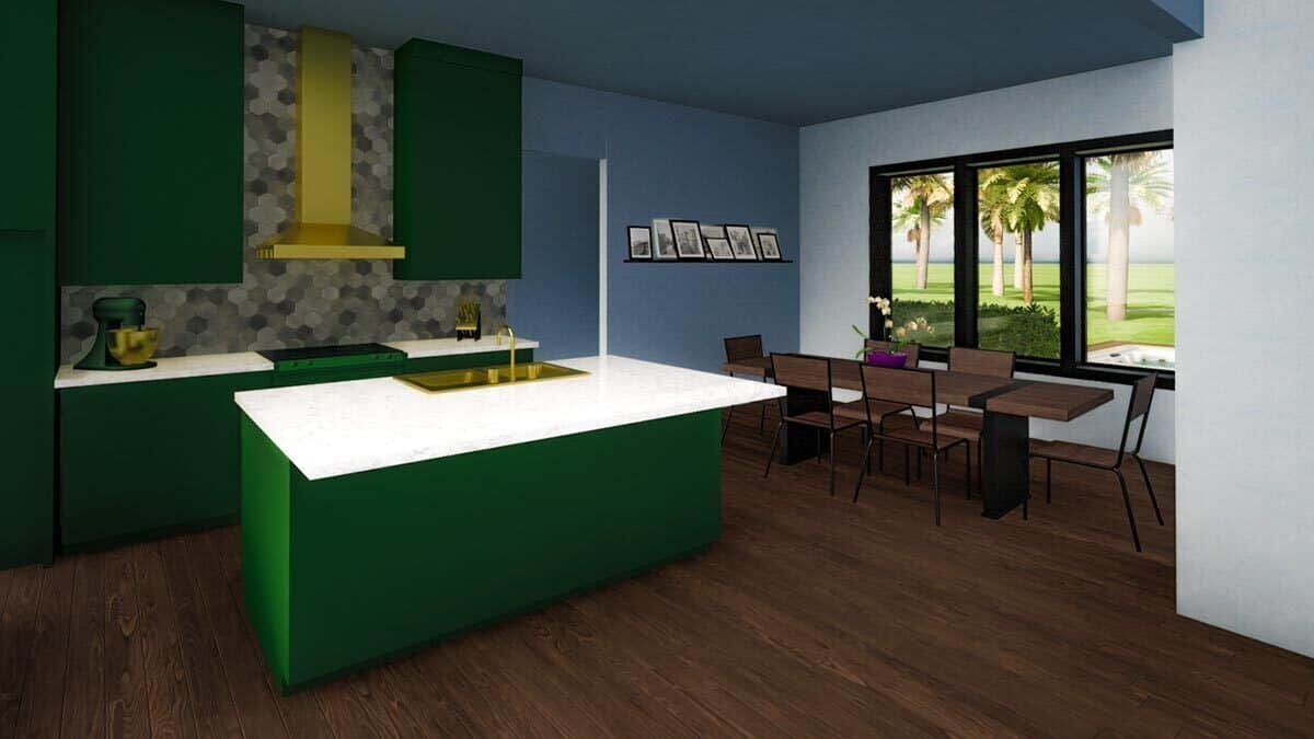 Kitchen with green cabinetry, a breakfast island, and an adjoining dining area.