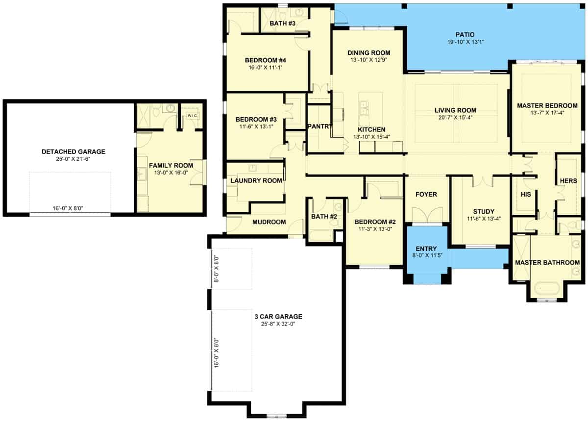 Main level floor plan of a 4-bedroom contemporary single-story coastal home with foyer, study, living room, kitchen, dining room, laundry room, three bedrooms, mudroom, leading to the garage, and a detached garage apartment.
