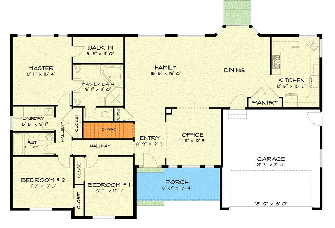 Main level floor plan of a single-story 5-bedroom ranch with a foyer, family room, dining area, kitchen, home office, three bedrooms, and a double garage.