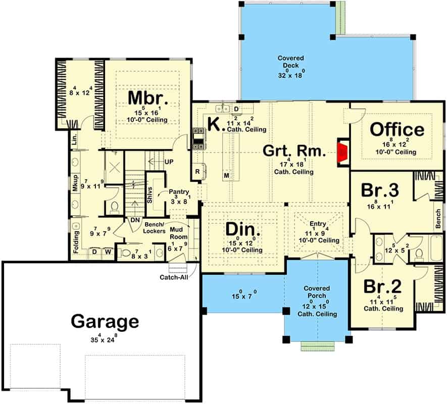 Main level floor plan of a 3-bedroom single-story modern farmhouse with foyer, dining room, great room, kitchen, three bedrooms, home office, laundry room, and a mudroom leading to the garage.