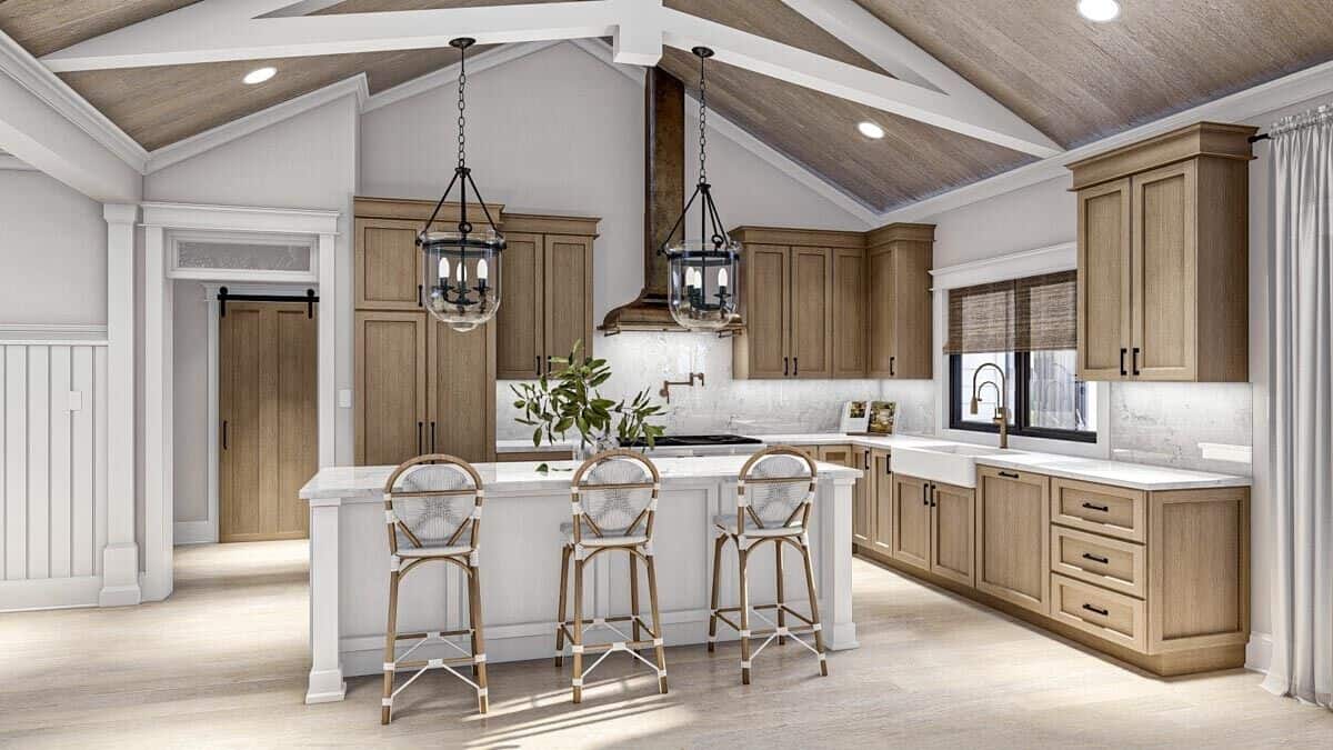 Kitchen with a breakfast island, a farmhouse sink, and wooden cabinetry that complements well with the hardwood floor.