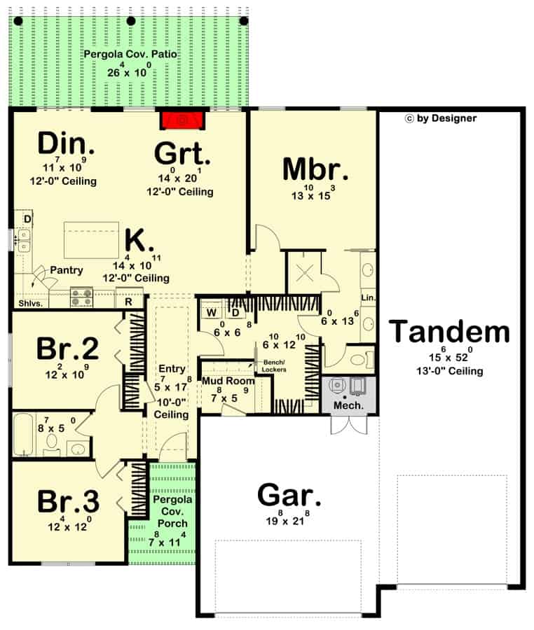 Entire floor plan of a Spanish style 3-bedroom single-story Adobe home with a foyer, kitchen, great room, dining area, laundry room, three bedrooms, and a mudroom leading to the garage.