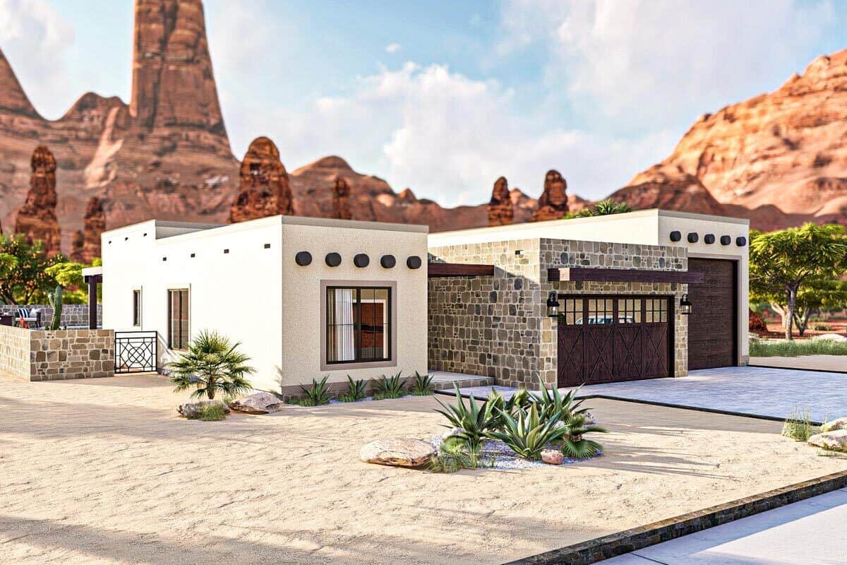Front-left rendering with stone and stucco exterior, flat rooflines, a covered entry, and a 3-car garage.