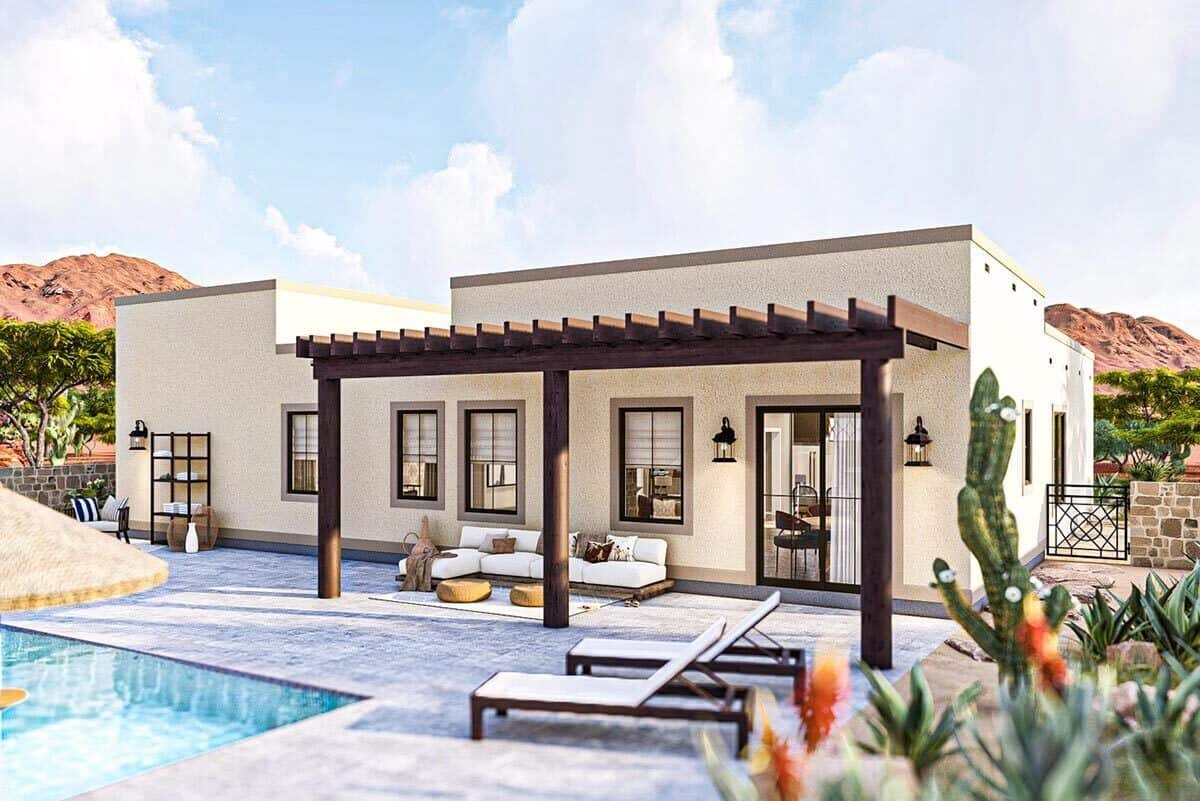 Rear rendering with a pergola-covered patio and a pool terrace.