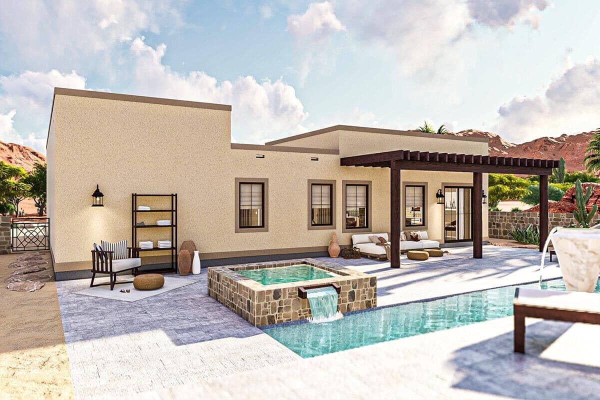 The outdoor living features multiple seating areas and a swimming pool incorporated with a built-in hot tub.