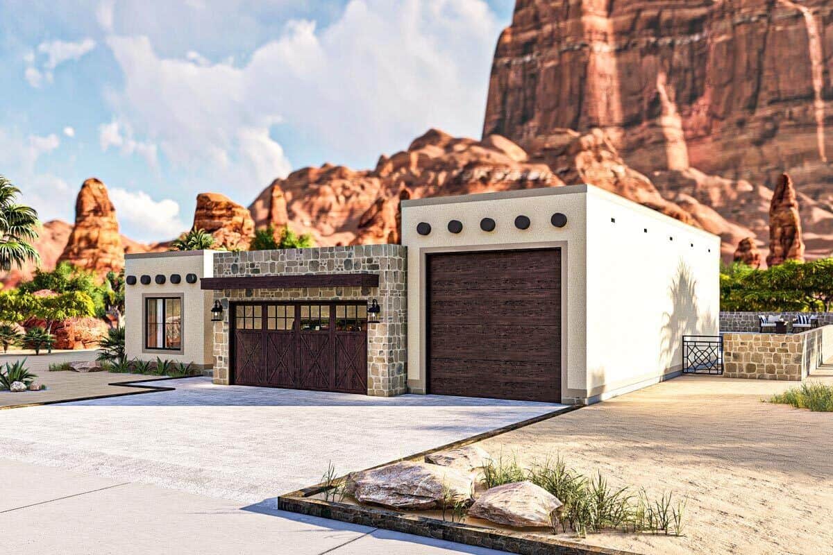 Front-right rendering showcasing the 3-car garage and concrete driveway.