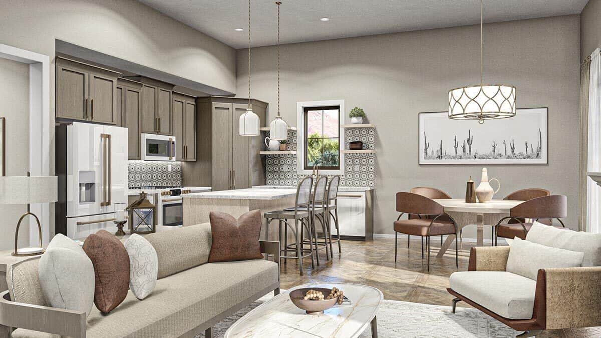The great room opens completely to the kitchen and dining area.