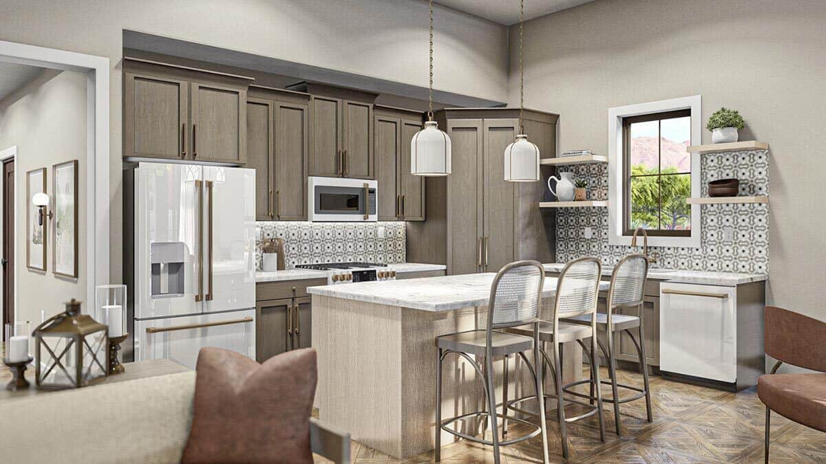 Kitchen with wooden cabinetry, modern appliances, a breakfast island, and floating shelves fixed against the decorative tile backsplash.