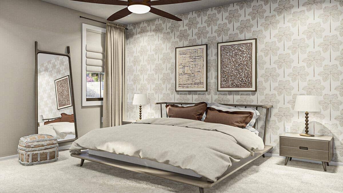 Primary bedroom with a floral-patterned wallpaper, a wooden platform bed, and matching nightstands.