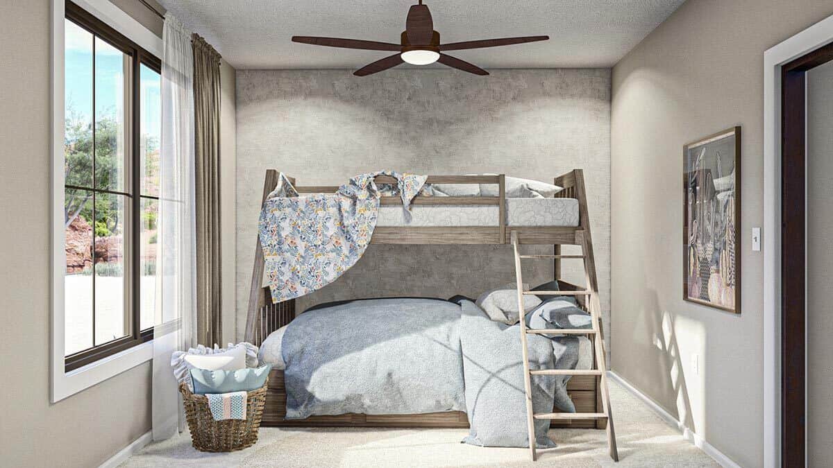Bunk room with a wooden bunk bed over the carpeted floor.