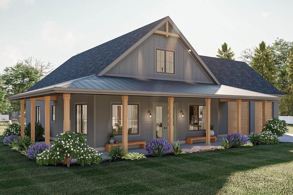 Front-left rendering showcasing the wraparound porch framed with wooden pillars.