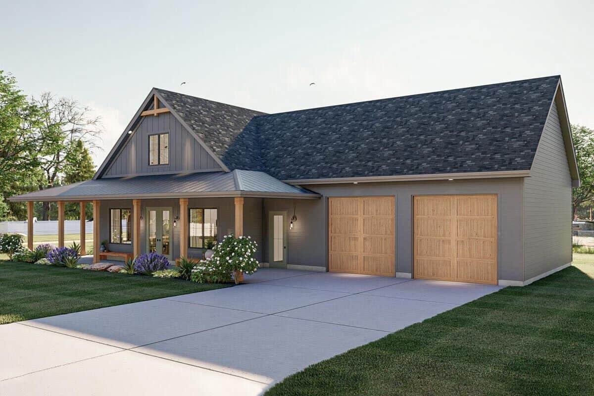 Front-right rendering with a 2-car garage enclosed in large wooden doors.