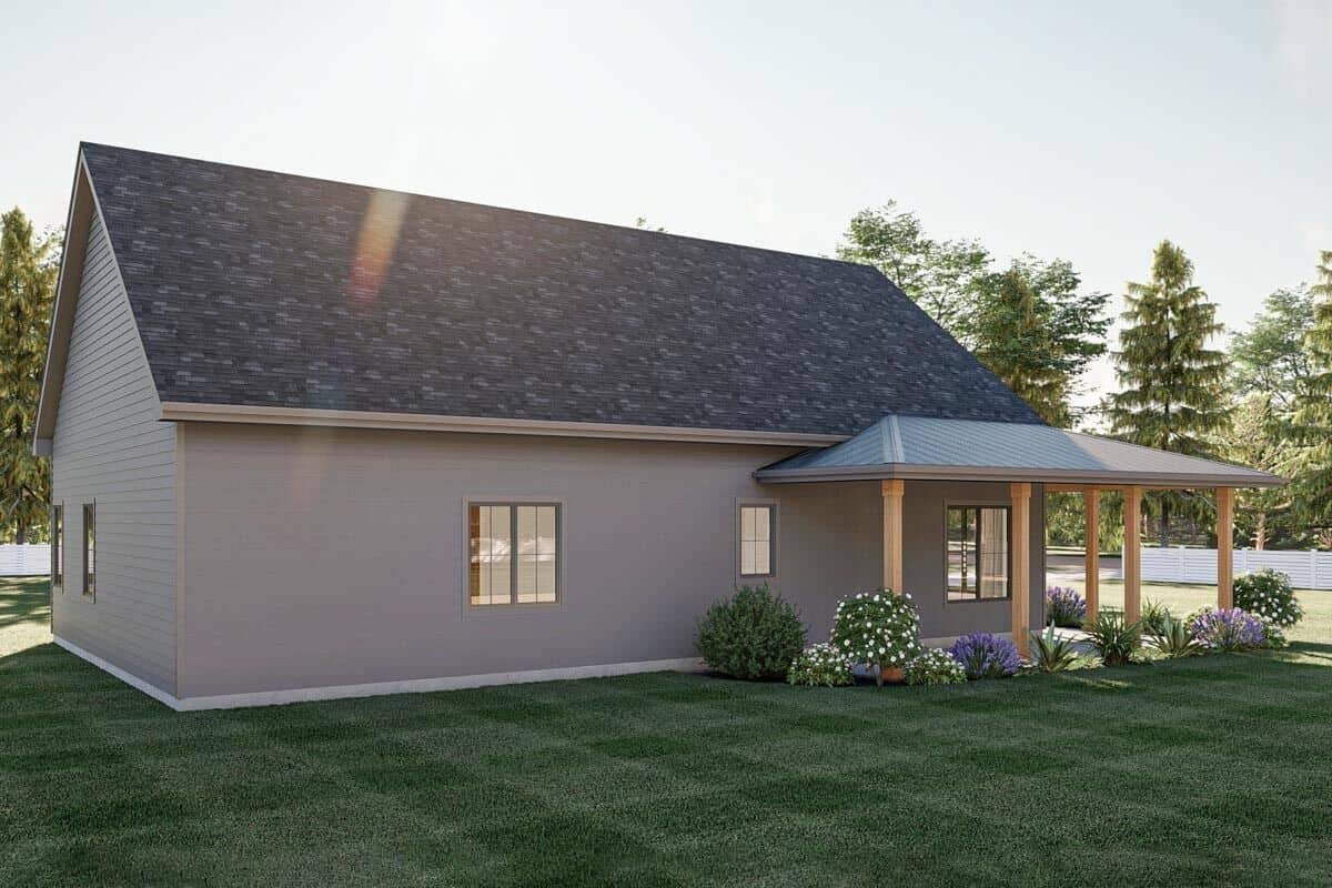 Left rendering with horizontal siding and a covered porch.