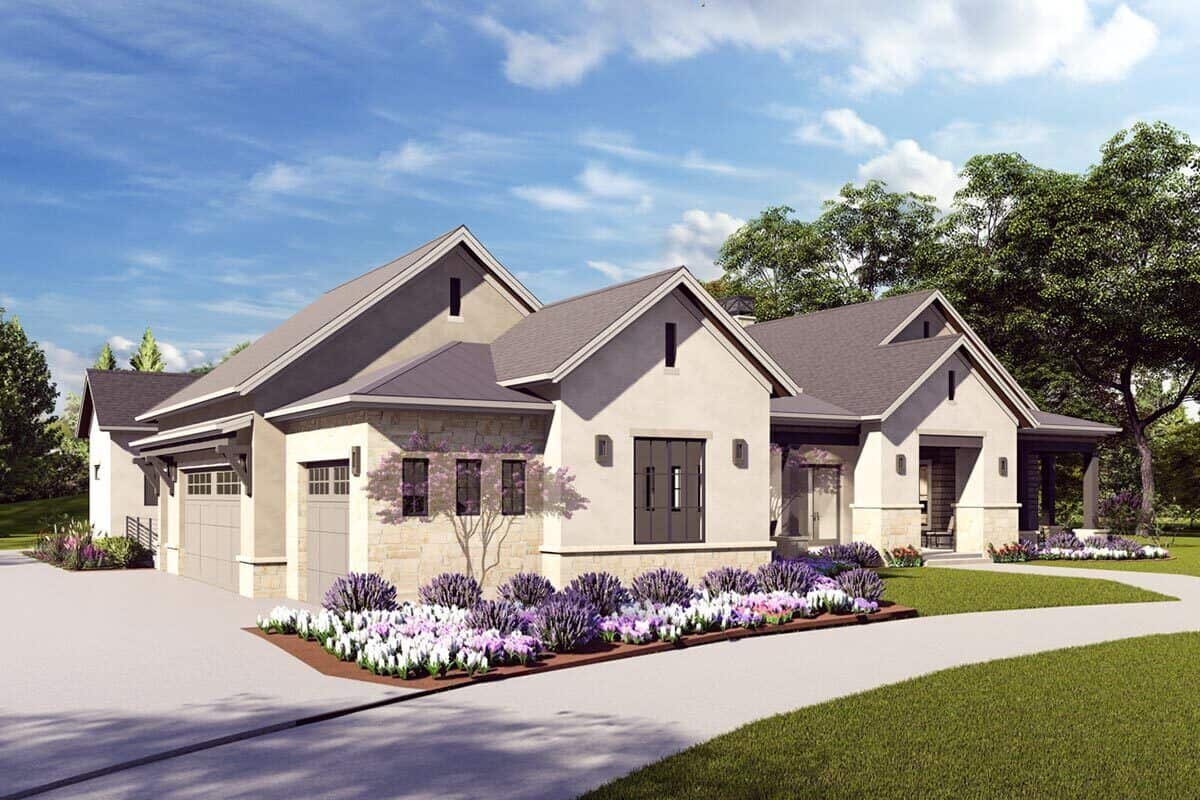 Front-left rendering showcasing the side-entry garage and concrete driveway.
