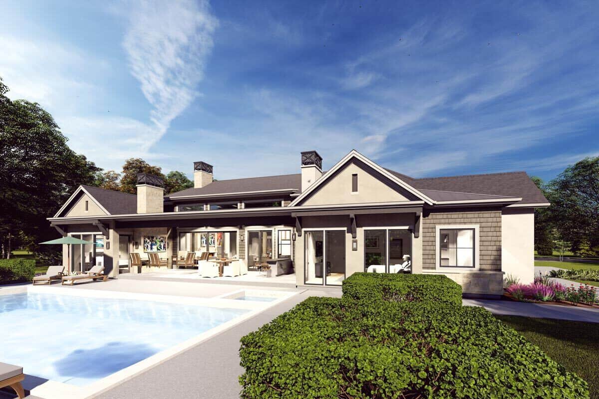 Rear rendering with a covered lanai and a pool terrace.
