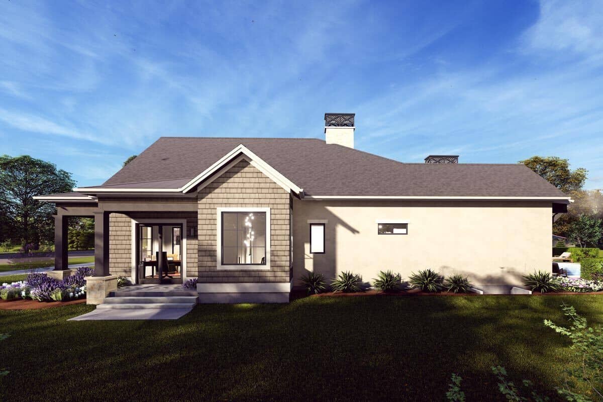 Right rendering with sliding glass doors and a covered side porch.