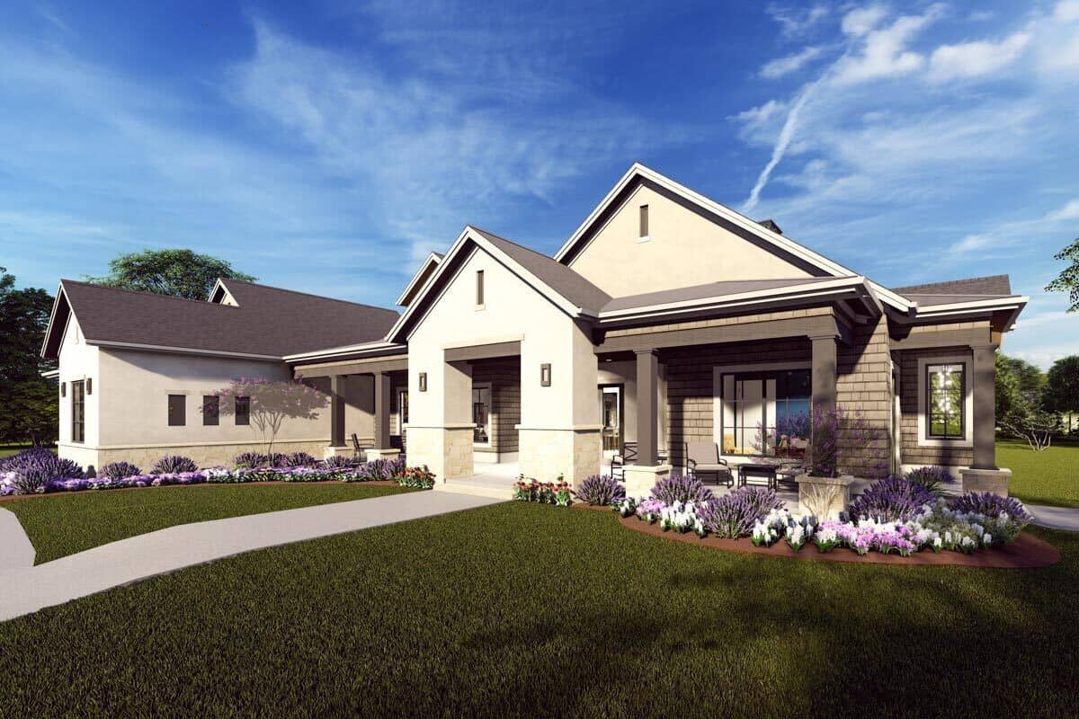 Front-right rendering with large gables and a covered entry porch.